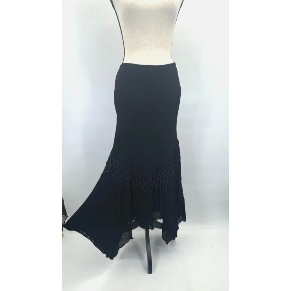 VTG Whimsigoth Dressbarn Lattice Fringe Asymmetrical Maxi Skirt L Dark Cottage